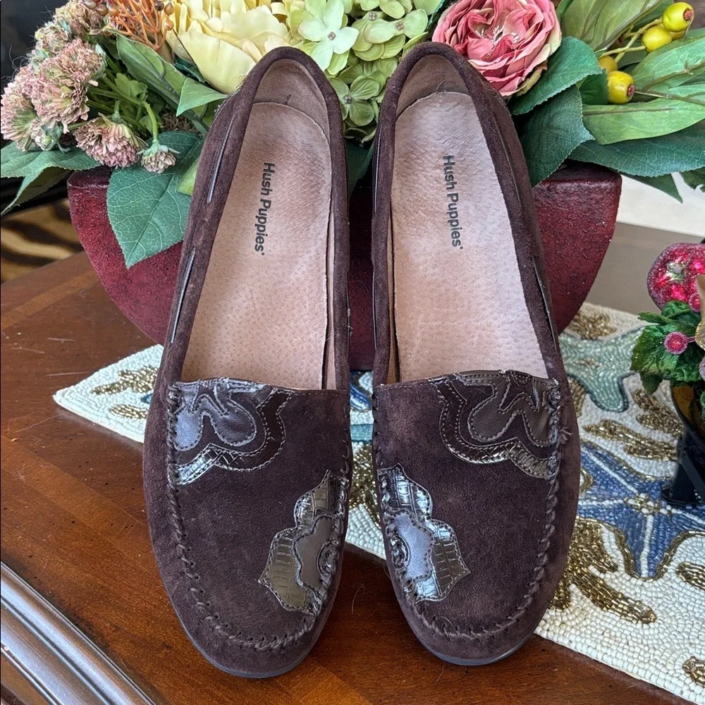 Hush Puppies Genuine Suede Regent Chocolate Brown Slip On Loafers Floral Flats